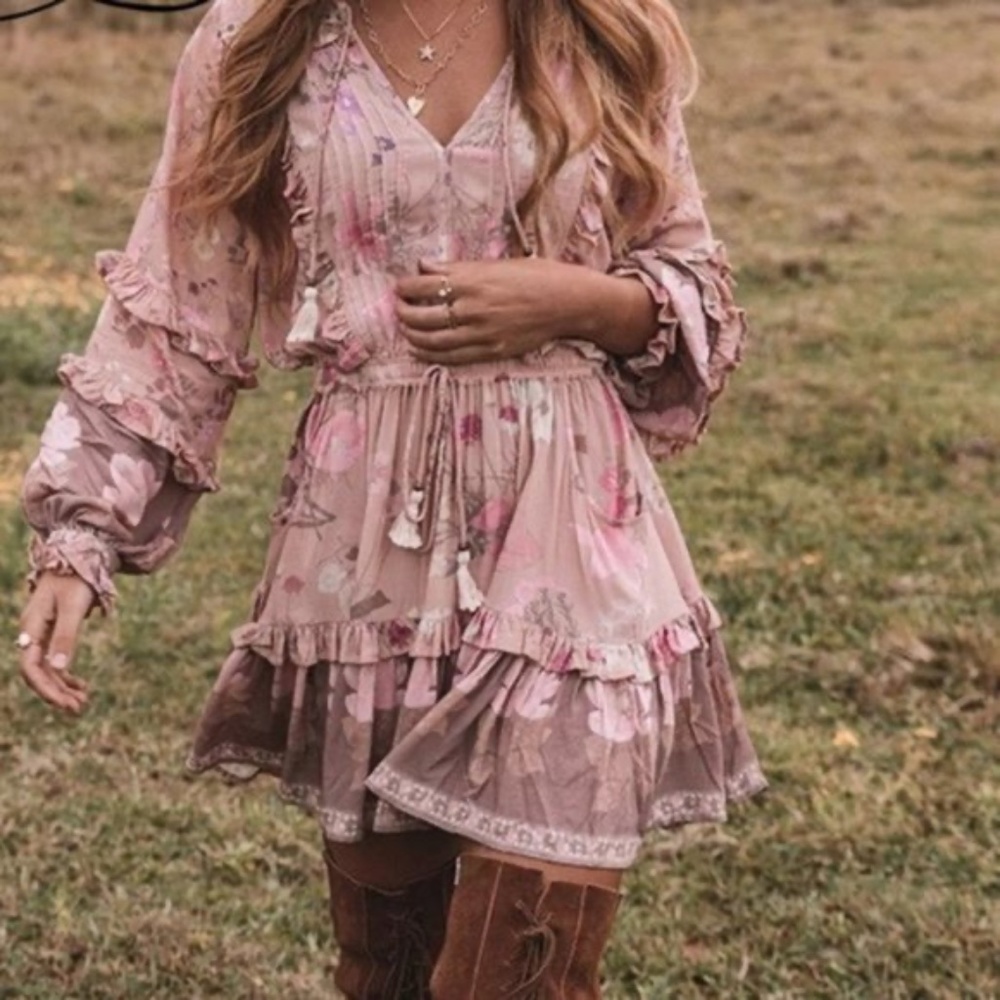 Bohemian Pink Floral Print Ruffle Sleeve Mini Dress - Picture 10 of 12
